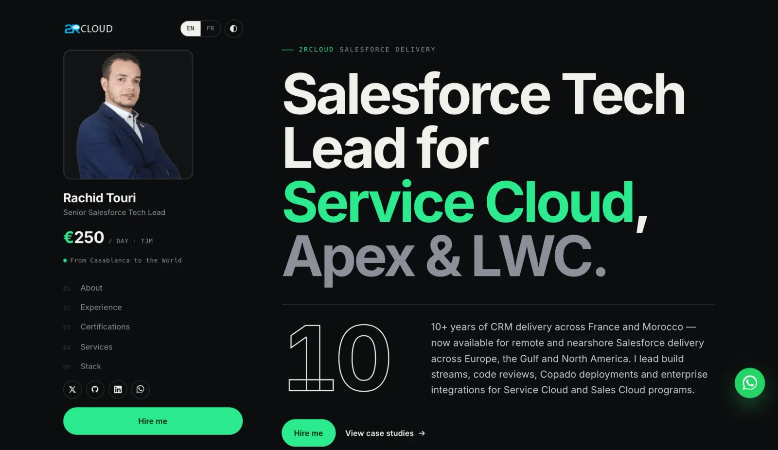 2RCLOUD Salesforce consultancy website — dark mode