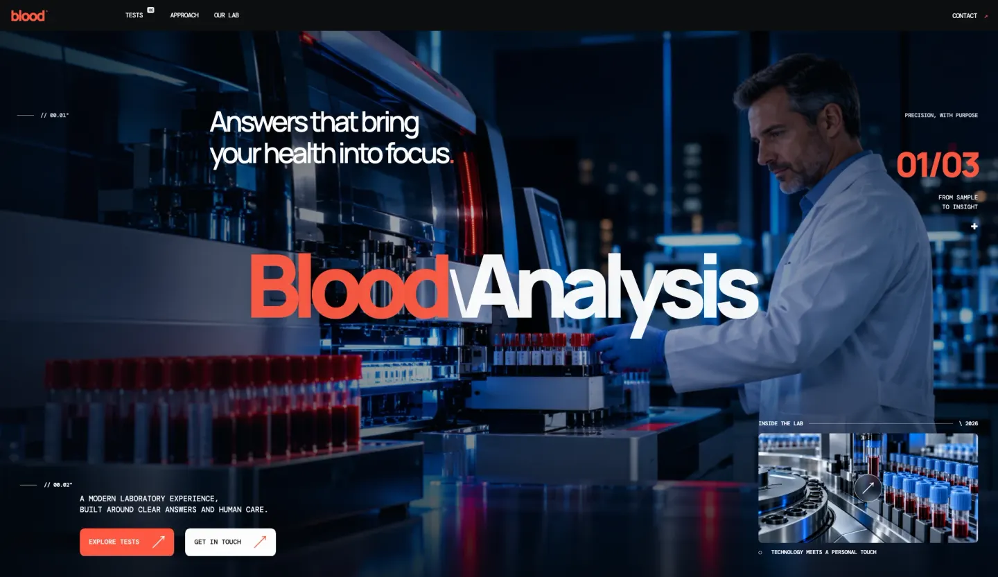 Blood Analysis Center clinical laboratory platform homepage and automated analyzer showcase — light mode