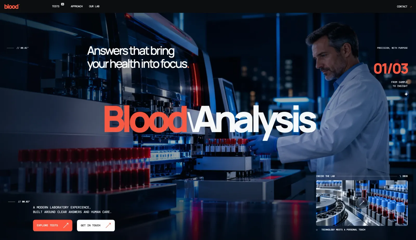 Blood Analysis Center clinical laboratory platform homepage and automated analyzer showcase — light mode