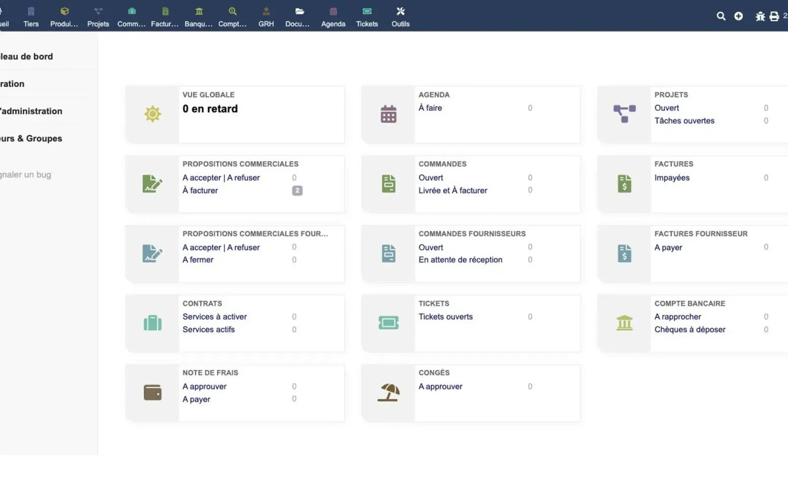 Business ERP home dashboard with KPI boxes and monthly charts for orders and invoices — light mode