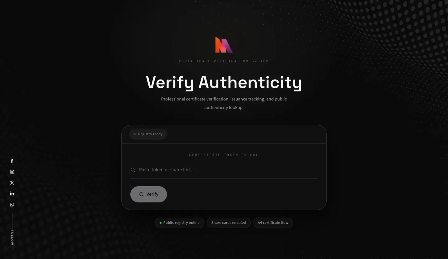 Certificate Registry verification page with a dark glass interface and a token lookup field — light mode