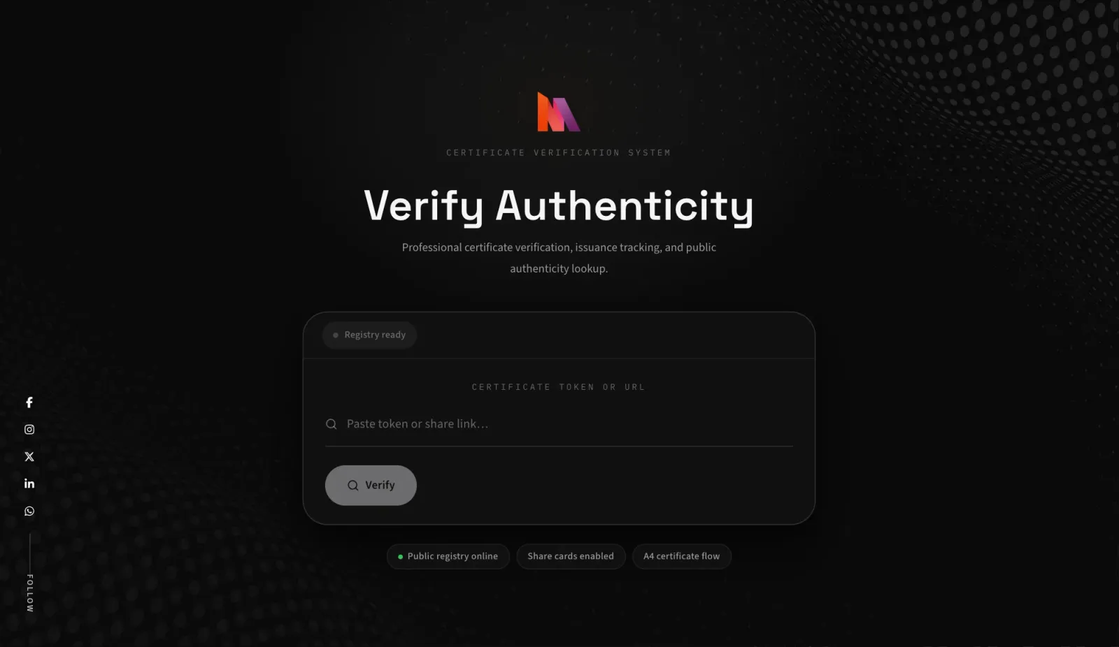 Certificate Registry verification page with a dark glass interface and a token lookup field — light mode