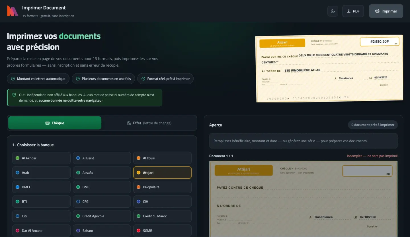 PrintMyCheque screen with a cheque preview, the amount written in French words and a table of dated documents — dark mode