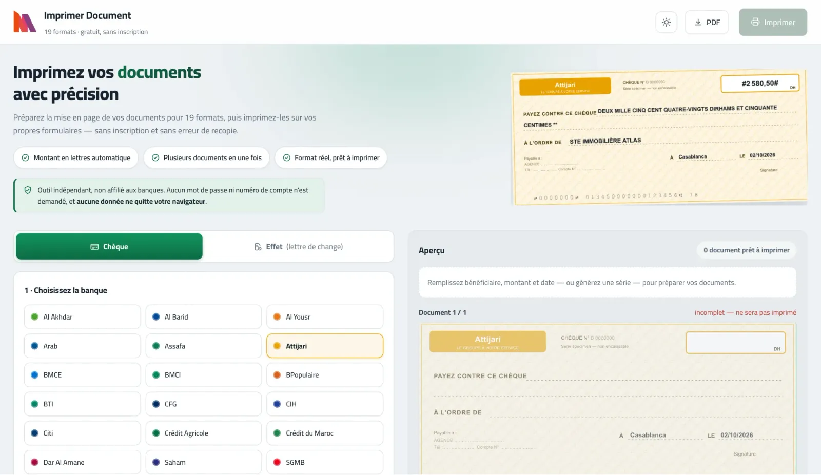 PrintMyCheque screen with a cheque preview, the amount written in French words and a table of dated documents — light mode