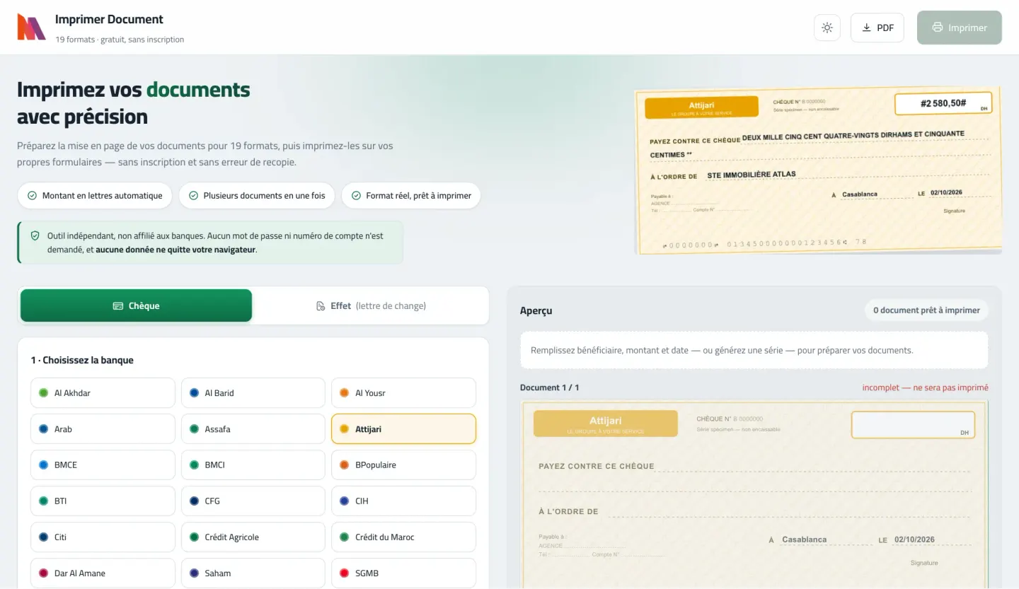 PrintMyCheque screen with a cheque preview, the amount written in French words and a table of dated documents — light mode
