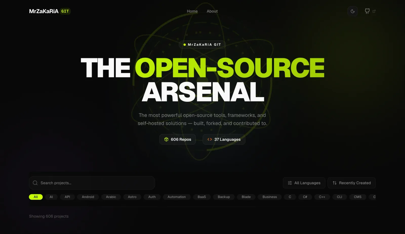 Git Arsenal home page with the headline The Open-Source Arsenal, counts of 606 repos and 37 languages, a search bar and tag filters — dark mode