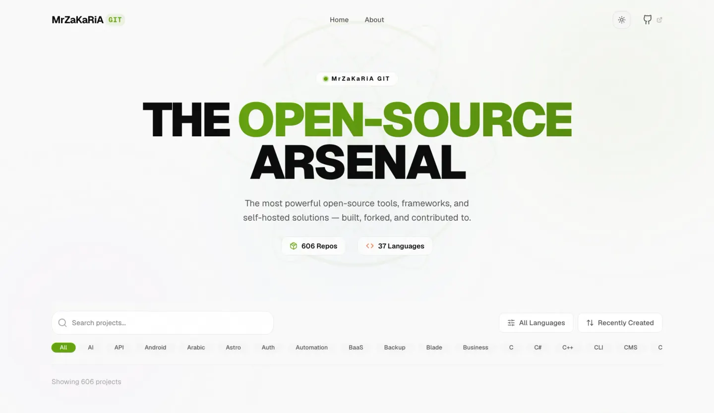 Git Arsenal home page with the headline The Open-Source Arsenal, counts of 606 repos and 37 languages, a search bar and tag filters — light mode