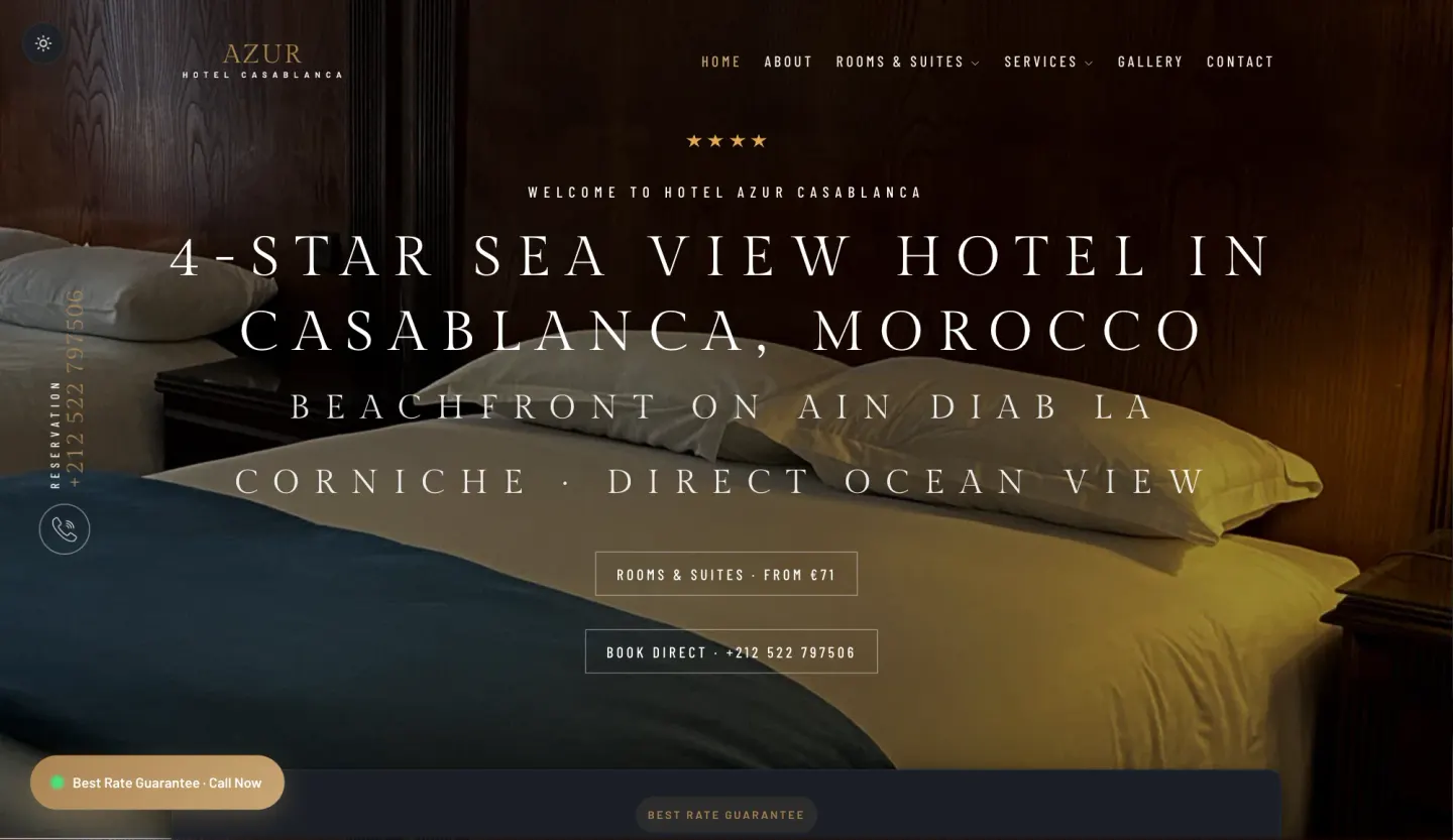 Hotel Azur Casablanca homepage with a sea-view hero slider and the Check Availability booking card — dark mode