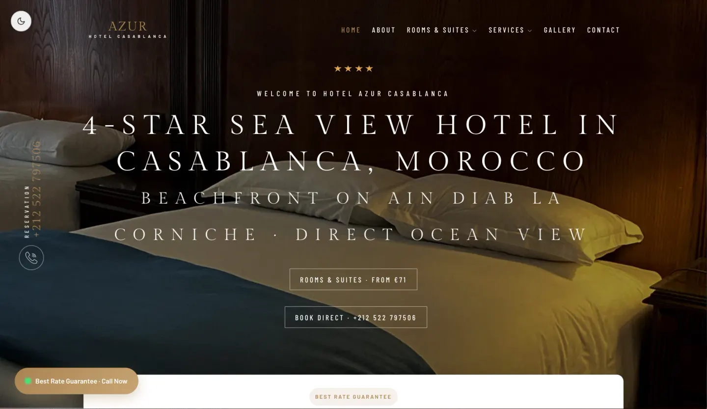 Hotel Azur Casablanca homepage with a sea-view hero slider and the Check Availability booking card — light mode