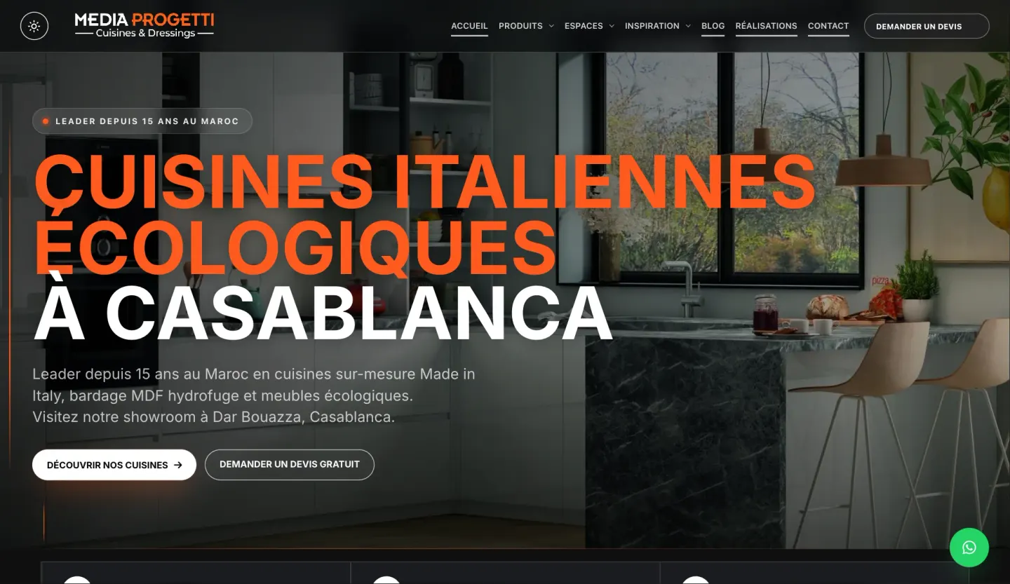 Media Progetti homepage with an Italian kitchen hero — dark mode