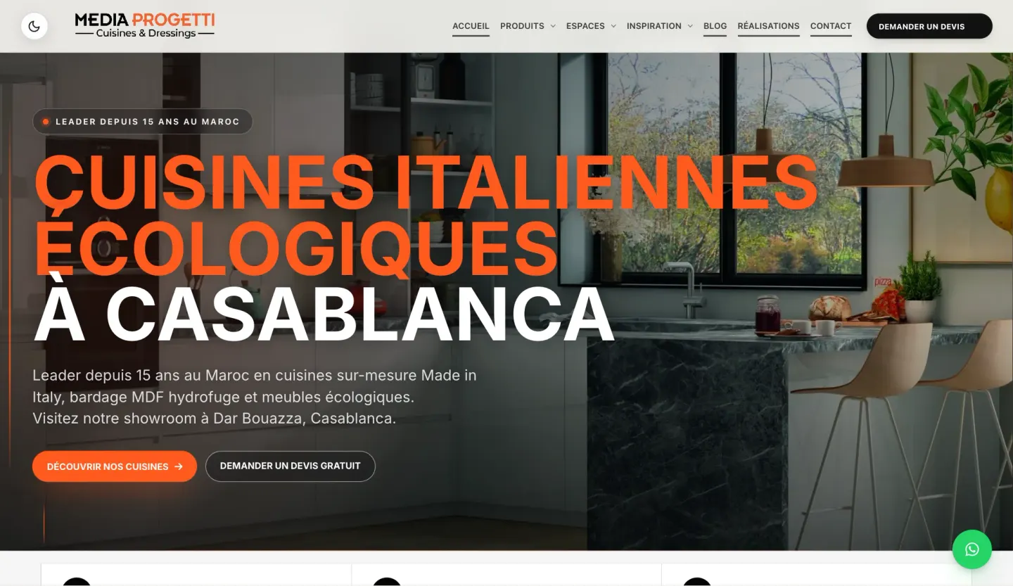 Media Progetti homepage with an Italian kitchen hero — light mode
