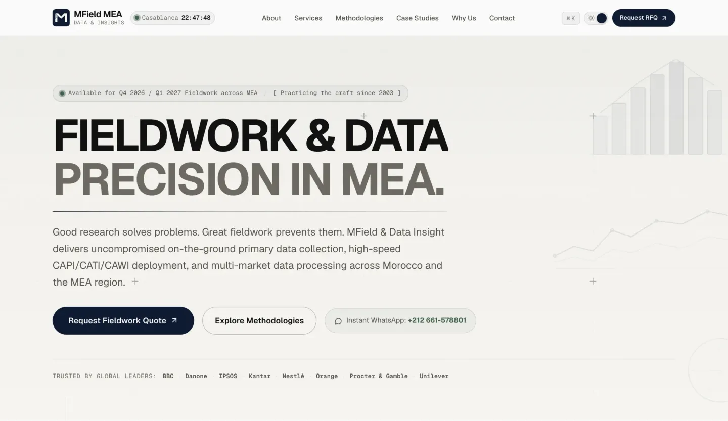 MField & Data Insight homepage hero: Fieldwork & data precision in MEA — light mode