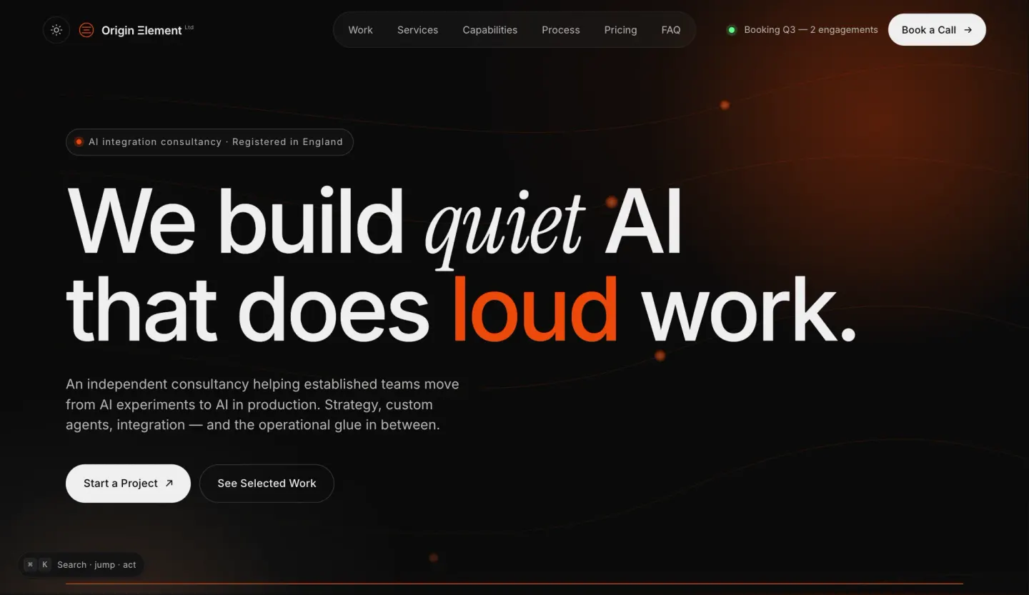 Origin Ξlement AI consultancy website homepage in light and dark themes — dark mode