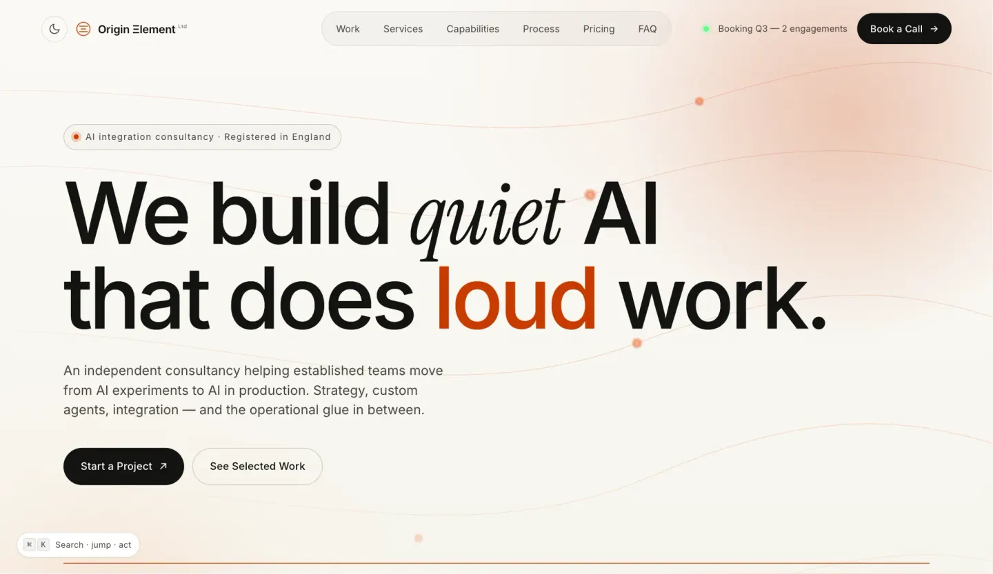 Origin Ξlement AI consultancy website homepage in light and dark themes — light mode