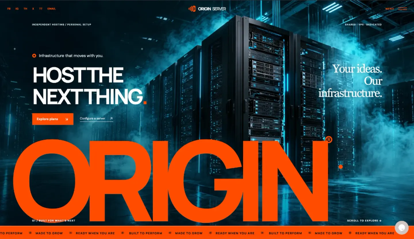 ORIGIN SERVER hosting platform and interactive server configurator interface — light mode