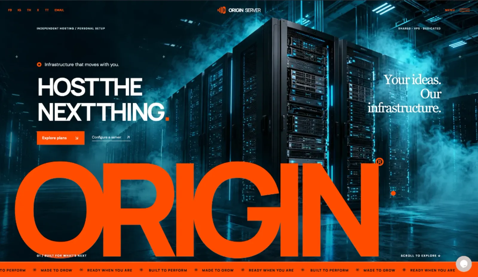 ORIGIN SERVER hosting platform and interactive server configurator interface — light mode