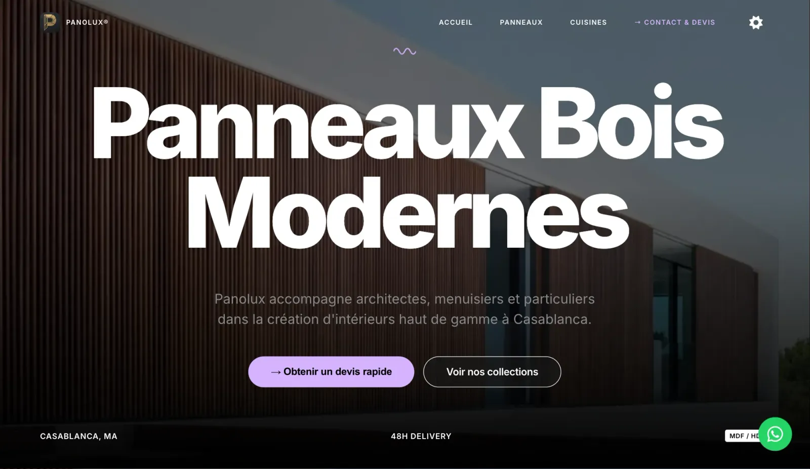 Panolux homepage with a wood-panel kitchen hero and the headline Panneaux Bois Modernes — dark mode