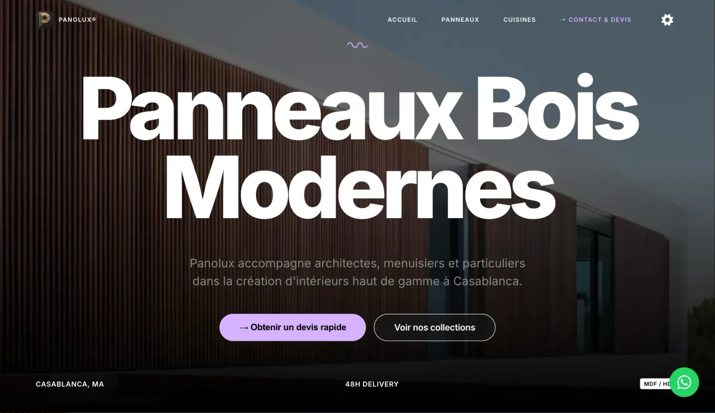 Panolux homepage with a wood-panel kitchen hero and the headline Panneaux Bois Modernes — dark mode