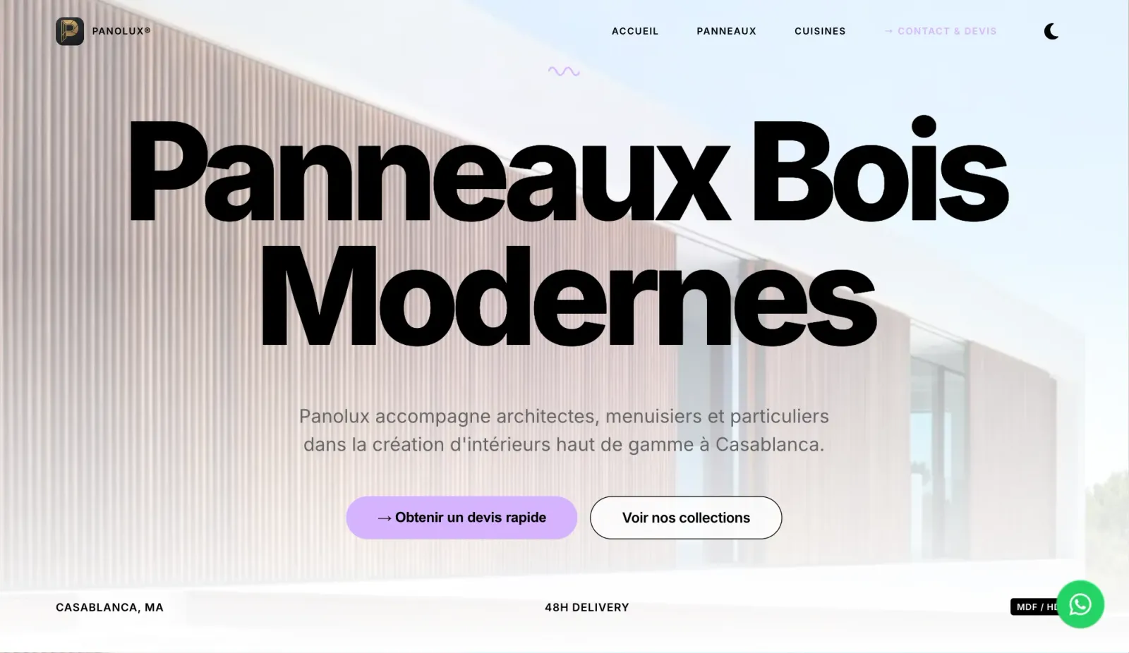 Panolux homepage with a wood-panel kitchen hero and the headline Panneaux Bois Modernes — light mode