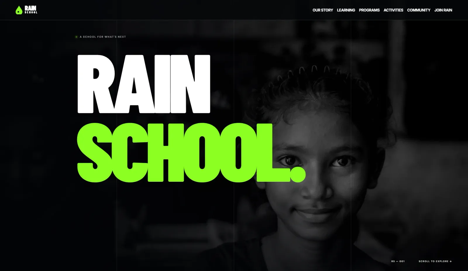 RAIN SCHOOL primary education web platform homepage and curriculum showcase — light mode
