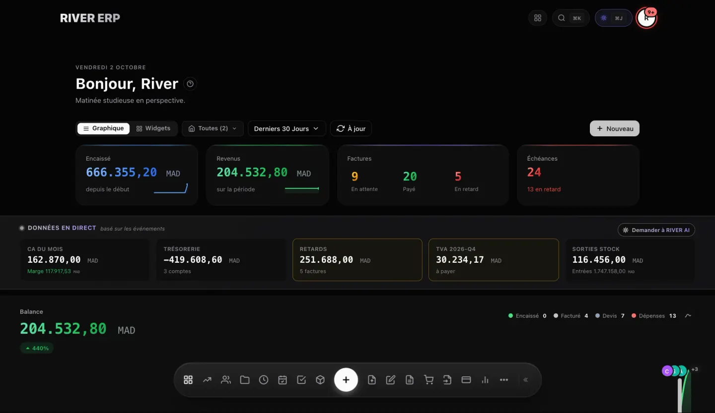 RIVER ERP dashboard with treasury, revenue and balance chart — dark mode