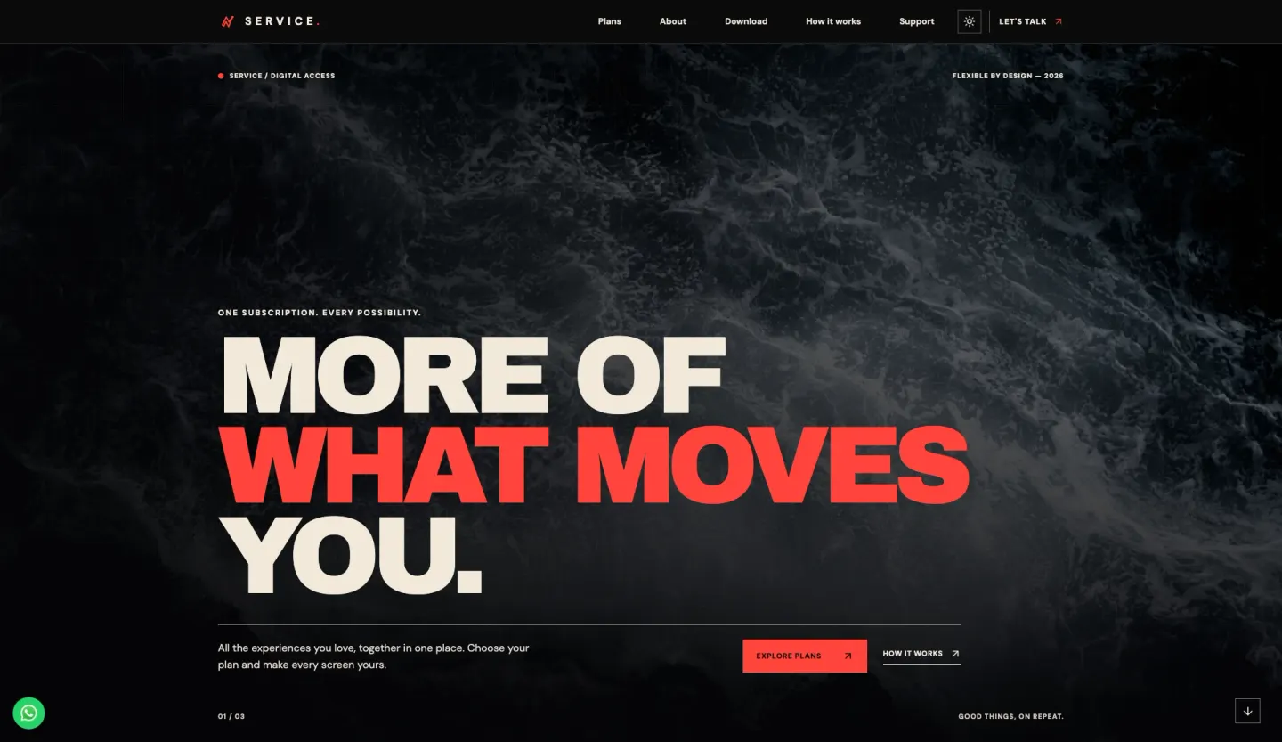 SERVICE THEME subscription storefront homepage and multi-screen access platform — light mode