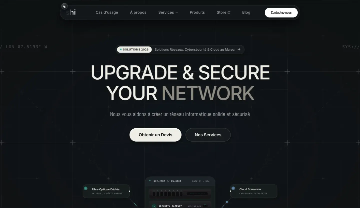 shi — Smart & High IT homepage with the liquid-metal shi wordmark — dark mode