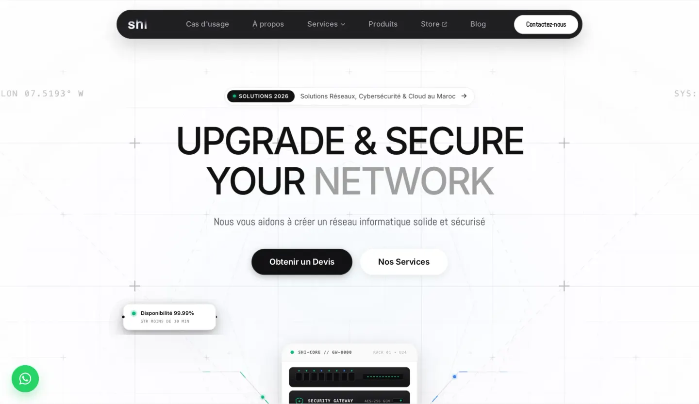 shi — Smart & High IT homepage with the liquid-metal shi wordmark — light mode