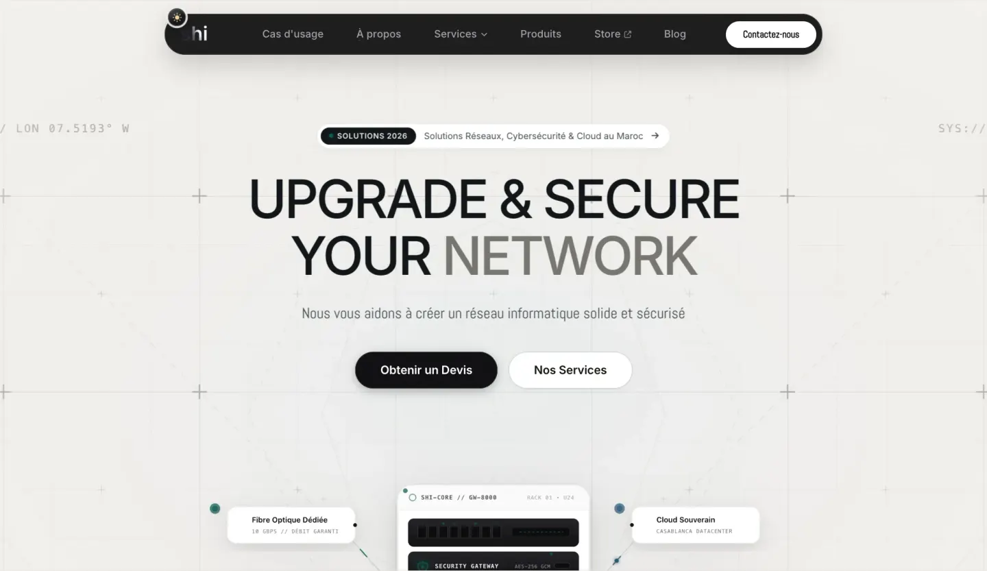 shi — Smart & High IT homepage with the liquid-metal shi wordmark — light mode