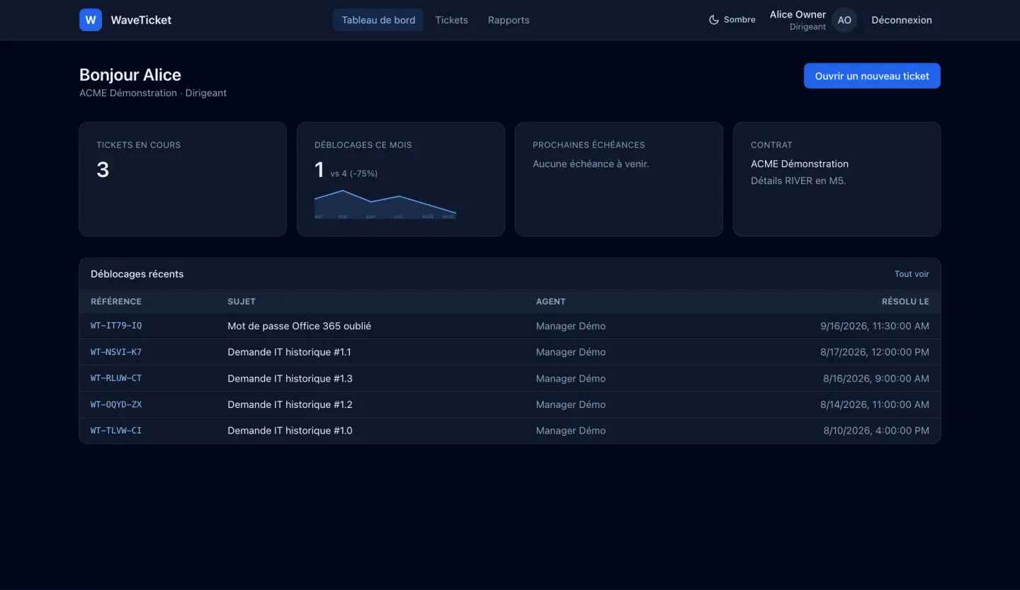 WaveTicket ticket detail with SLA dates, event timeline and a three-line quote awaiting client approval — dark mode